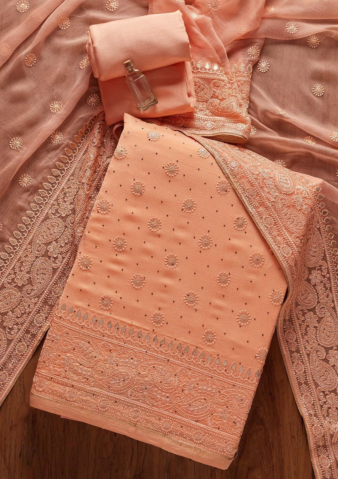 Peach Gotapatti Semi Crepe Designer Unstitched Salwar Suit - koskii