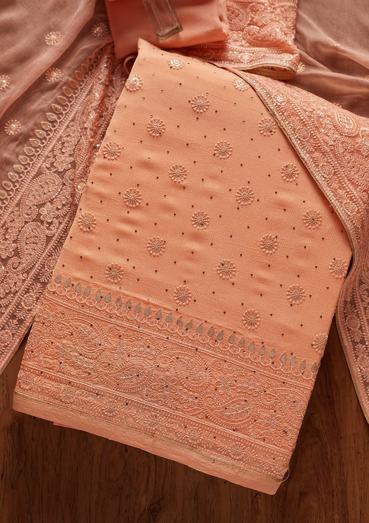 Peach Gotapatti Semi Crepe Designer Unstitched Salwar Suit - koskii