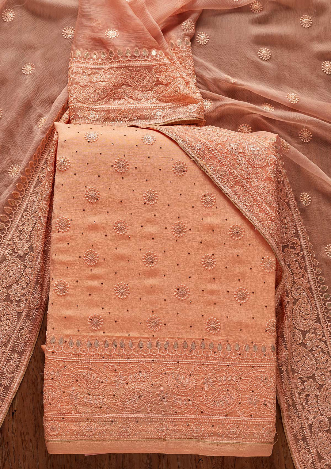 Peach Gotapatti Semi Crepe Designer Unstitched Salwar Suit - koskii