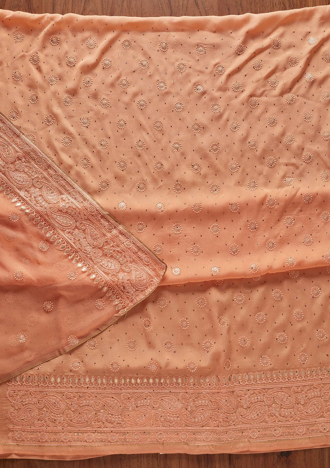 Peach Gotapatti Semi Crepe Designer Unstitched Salwar Suit - koskii