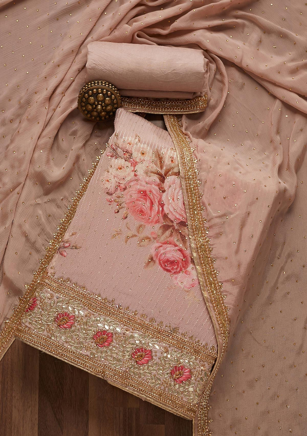 Peach Gotapatti Semi Crepe Unstitched Salwar Suit- Koskii