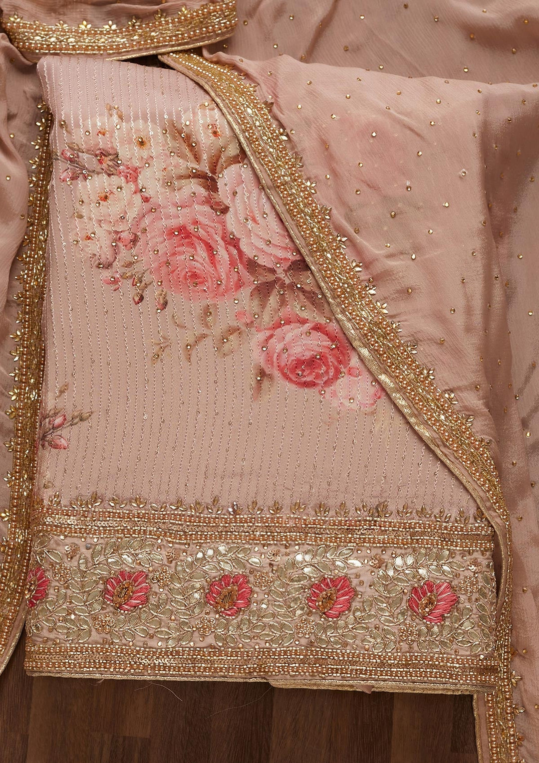 Peach Gotapatti Semi Crepe Unstitched Salwar Suit - Koskii