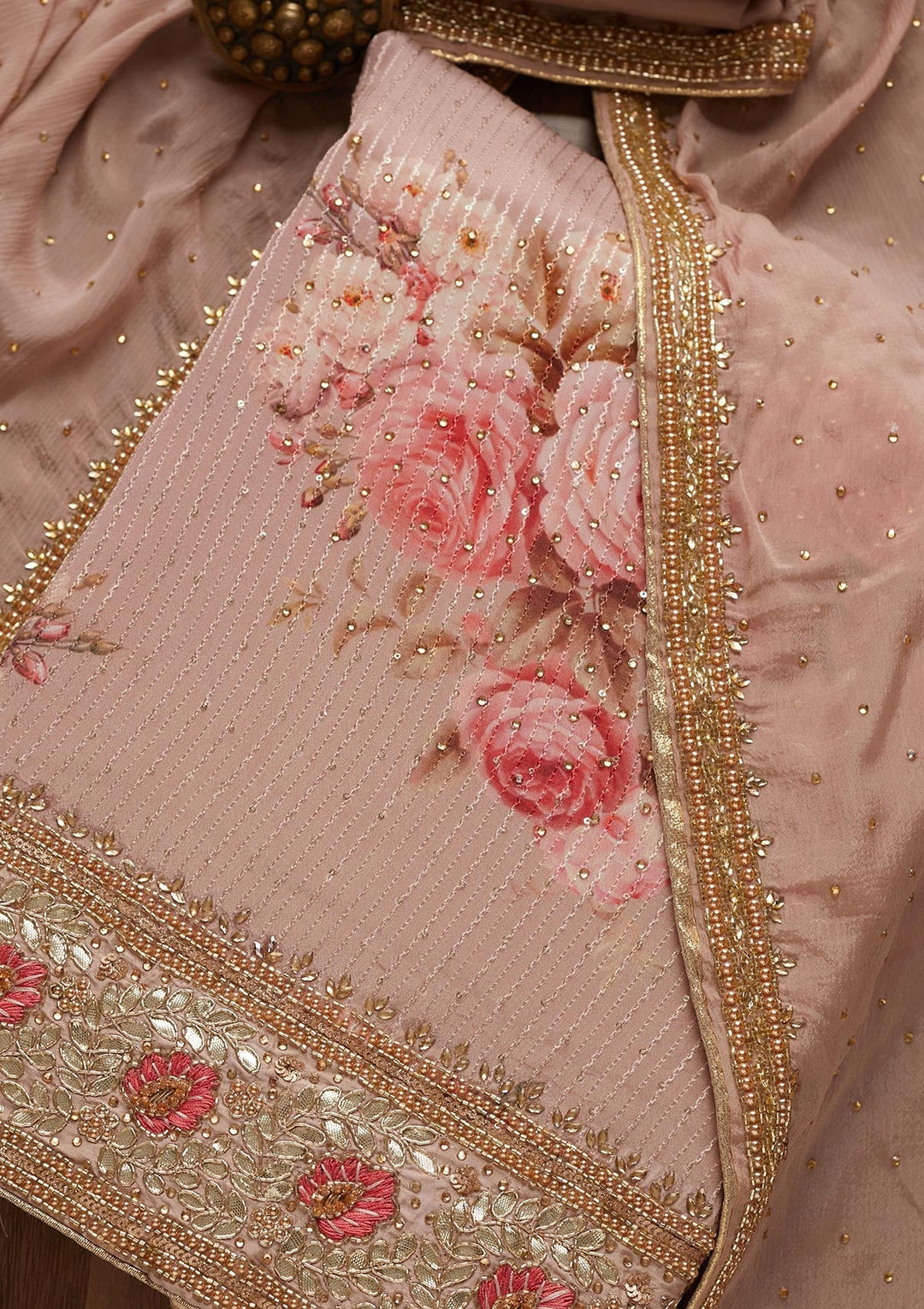 Peach Gotapatti Semi Crepe Unstitched Salwar Suit - Koskii