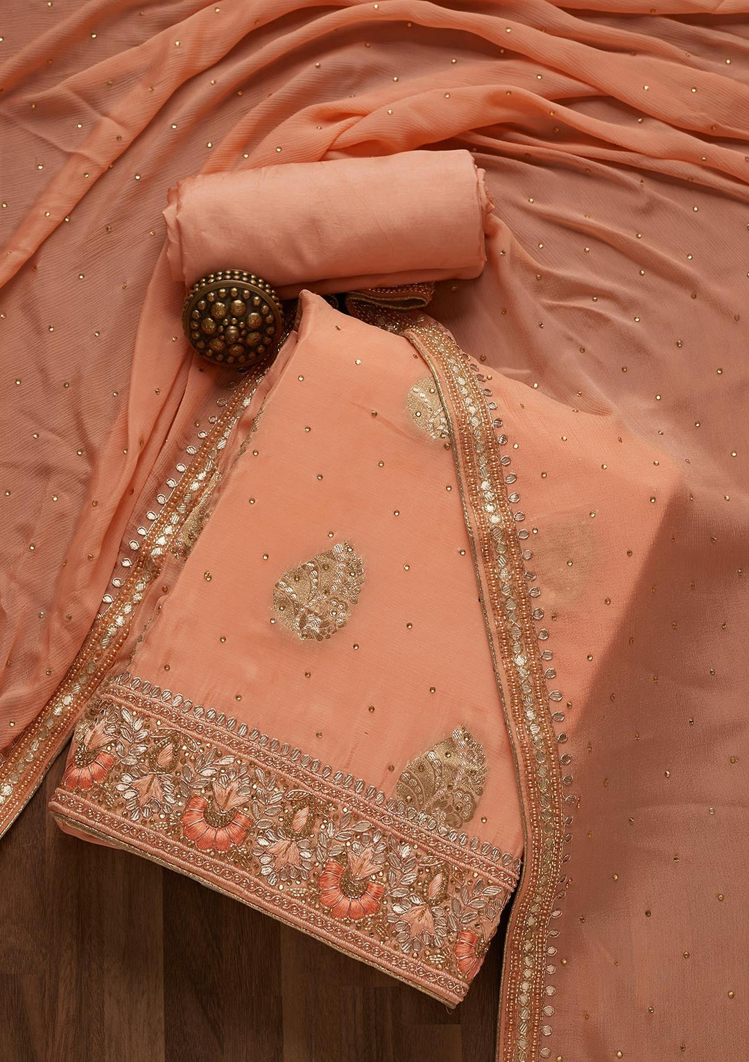 Peach Gotapatti Semi Crepe Unstitched Salwar Suit- Koskii