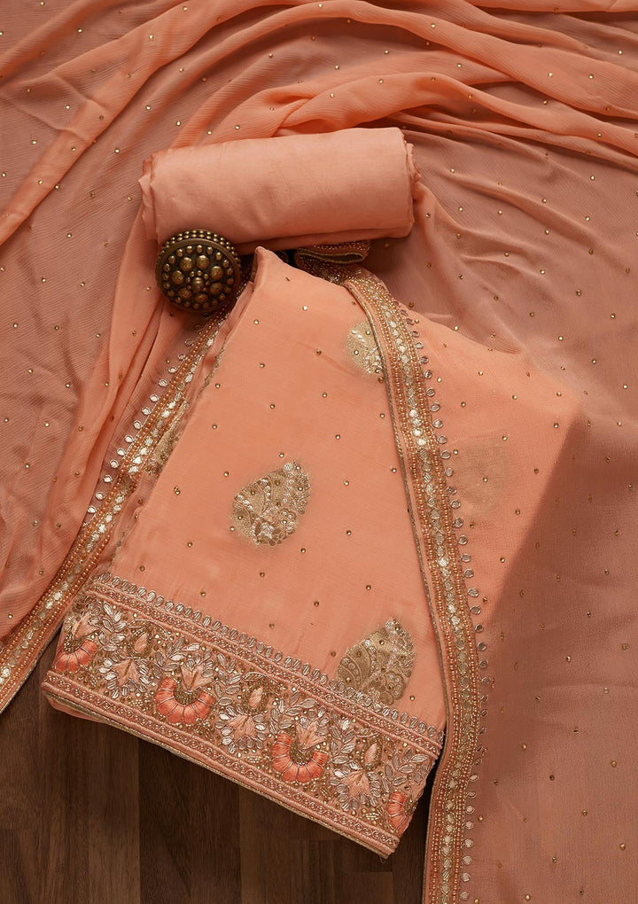 Peach Gotapatti Semi Crepe Unstitched Salwar Suit- Koskii