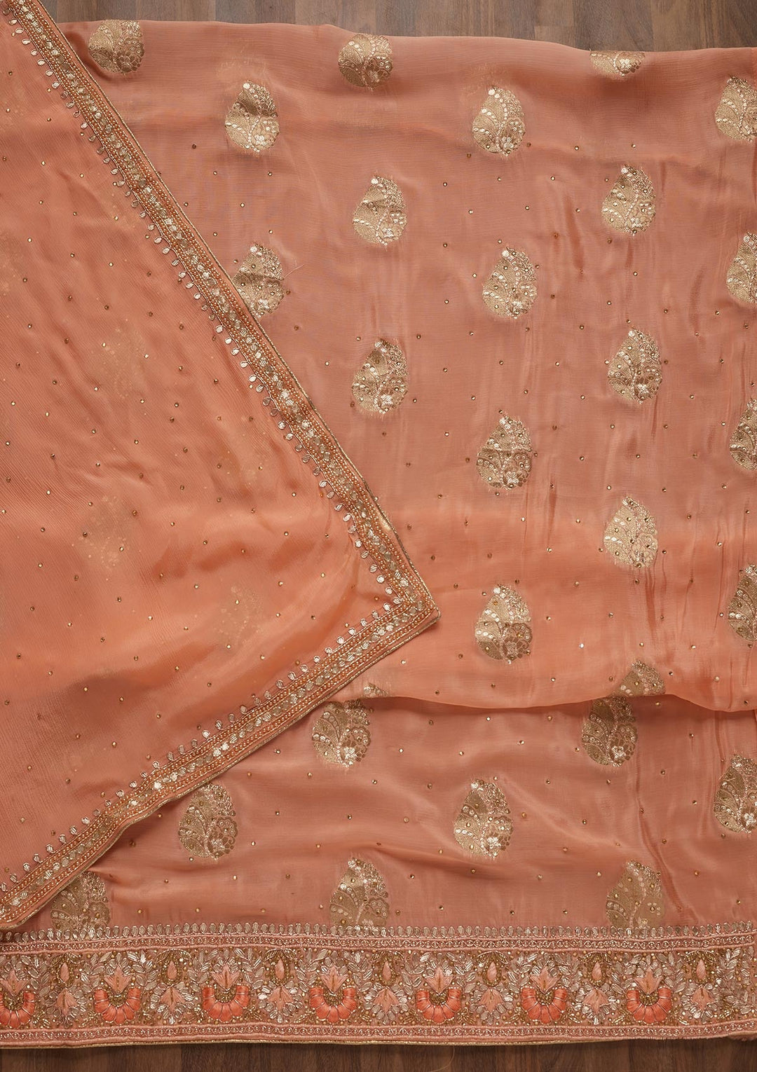 Peach Gotapatti Semi Crepe Unstitched Salwar Suit - Koskii