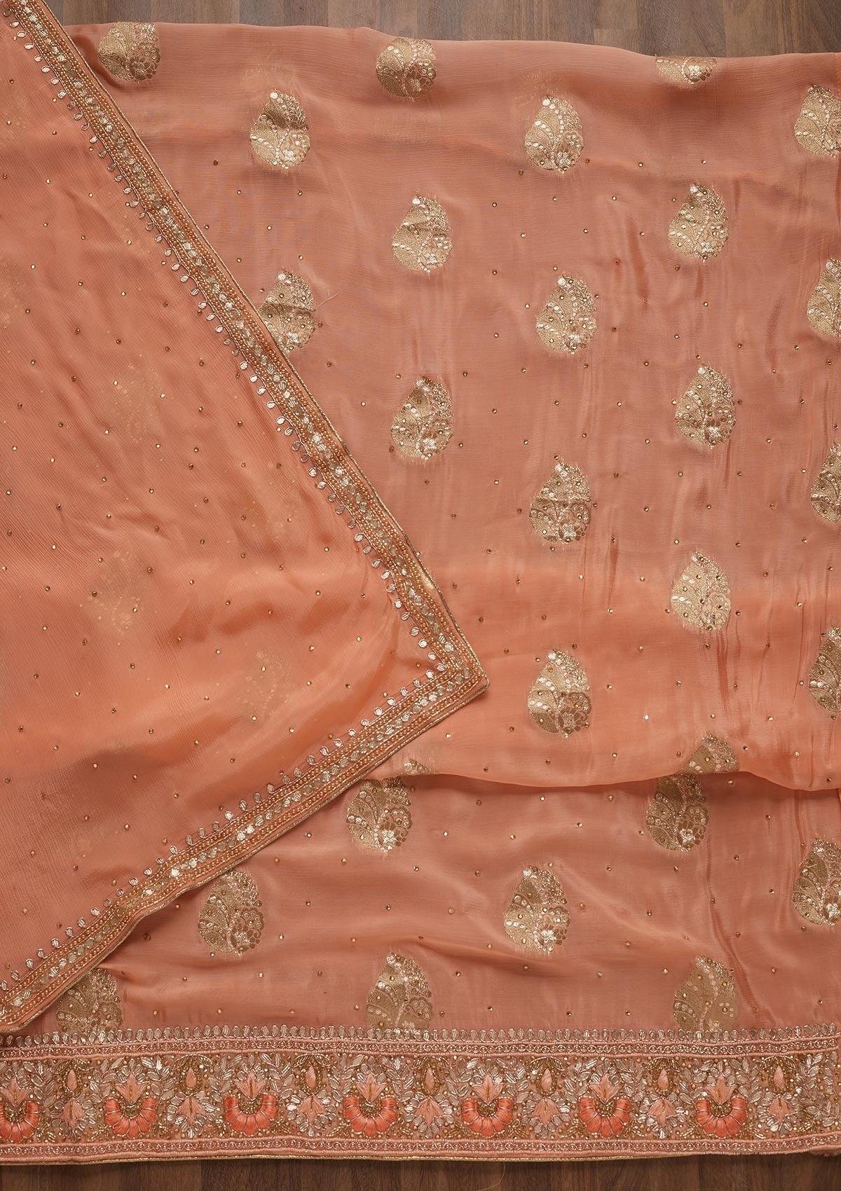 Peach Gotapatti Semi Crepe Unstitched Salwar Suit - Koskii