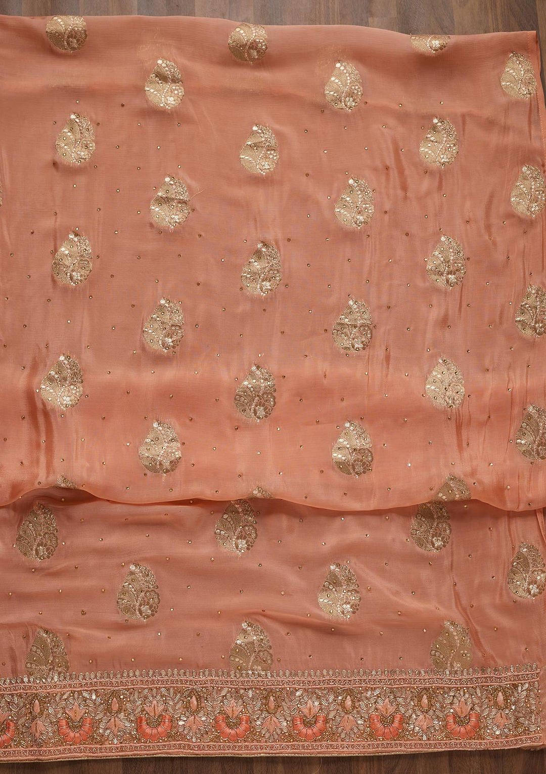 Peach Gotapatti Semi Crepe Unstitched Salwar Suit - Koskii