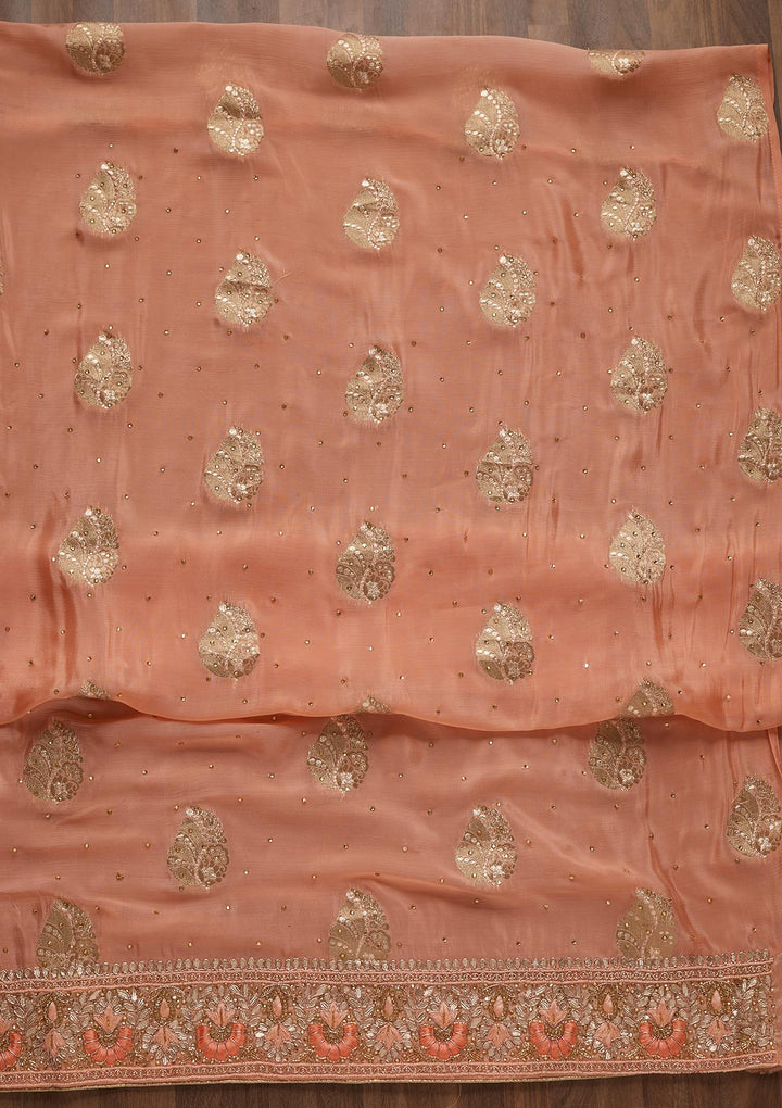Peach Gotapatti Semi Crepe Unstitched Salwar Suit - Koskii