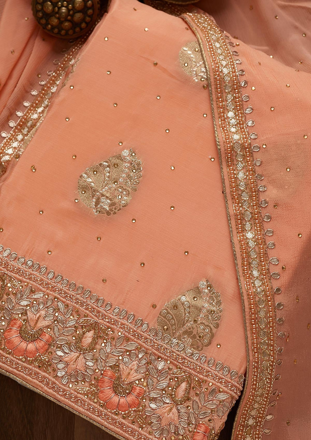 Peach Gotapatti Semi Crepe Unstitched Salwar Suit - Koskii