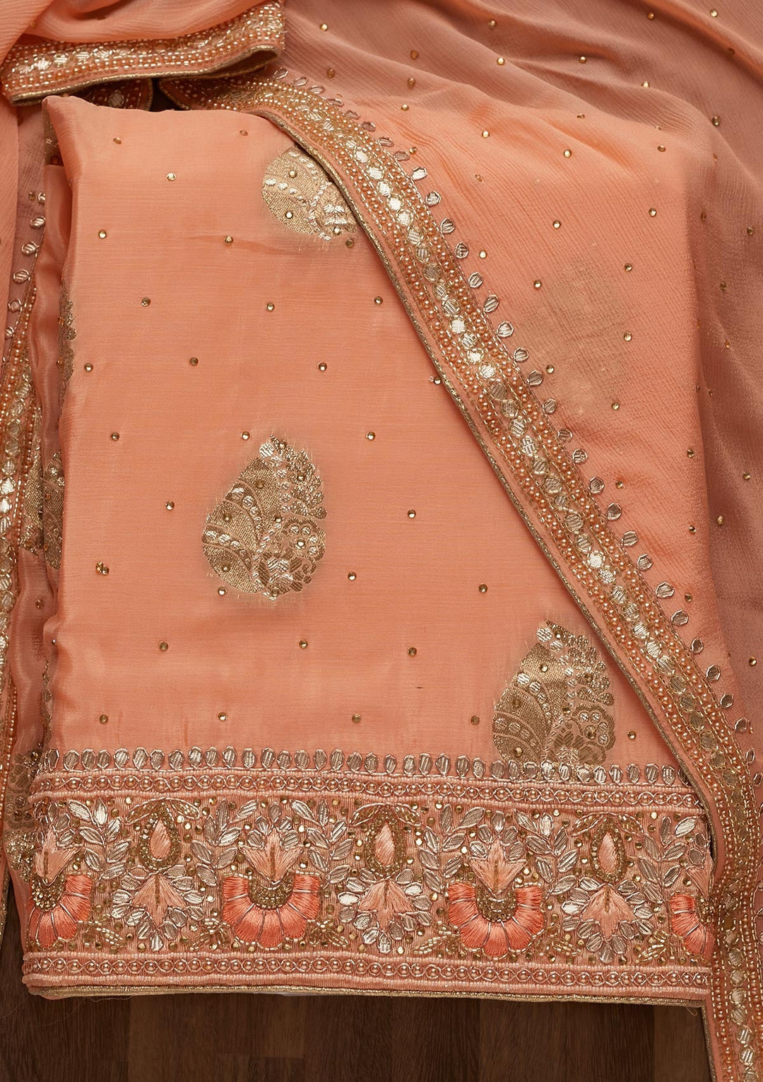 Peach Gotapatti Semi Crepe Unstitched Salwar Suit - Koskii