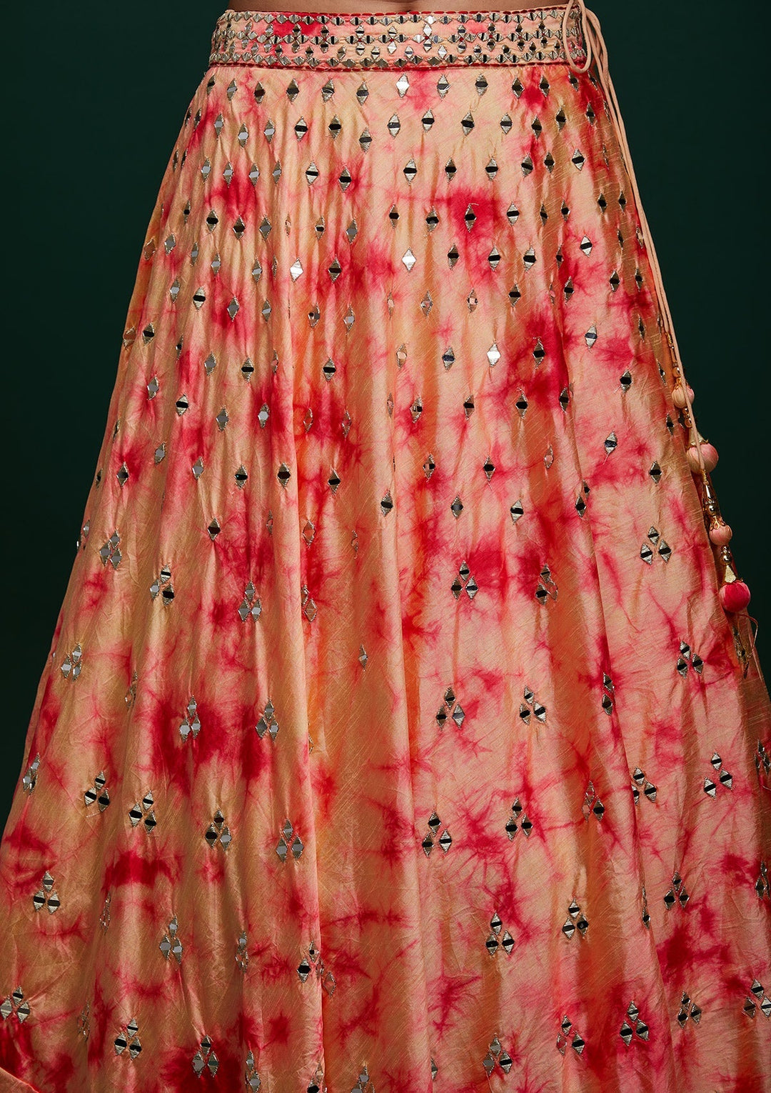 Peach Mirrorwork Art Silk Designer Lehenga - Koskii