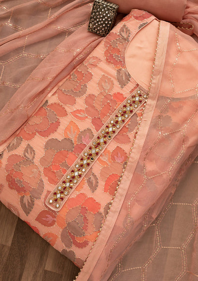 Peach Mirrorwork Art Silk Unstitched Salwar Kameez-Koskii