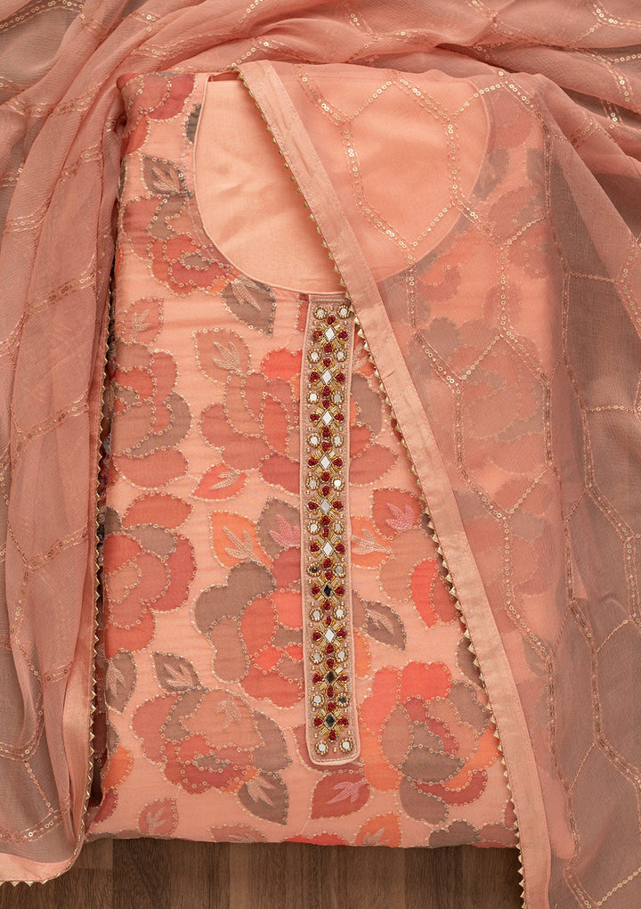 Peach Mirrorwork Art Silk Unstitched Salwar Kameez-Koskii