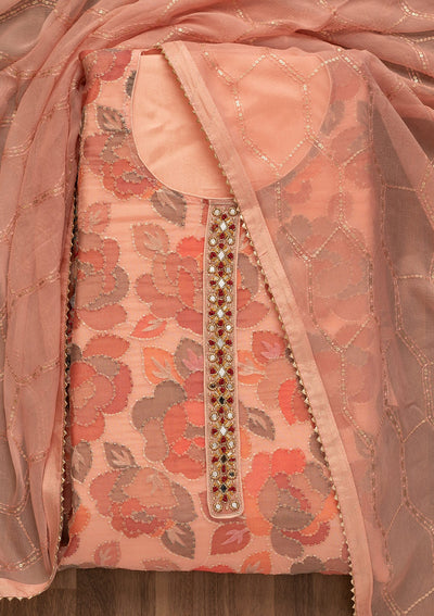 Peach Mirrorwork Art Silk Unstitched Salwar Kameez-Koskii