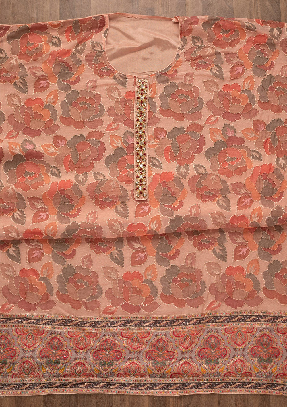Peach Mirrorwork Art Silk Unstitched Salwar Kameez-Koskii