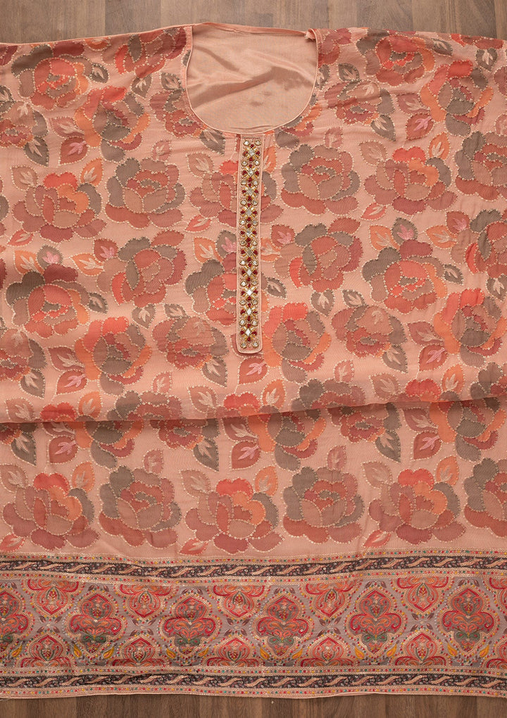 Peach Mirrorwork Art Silk Unstitched Salwar Kameez-Koskii