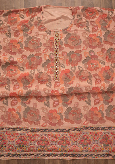 Peach Mirrorwork Art Silk Unstitched Salwar Kameez-Koskii