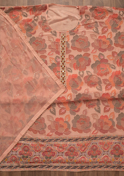 Peach Mirrorwork Art Silk Unstitched Salwar Kameez-Koskii