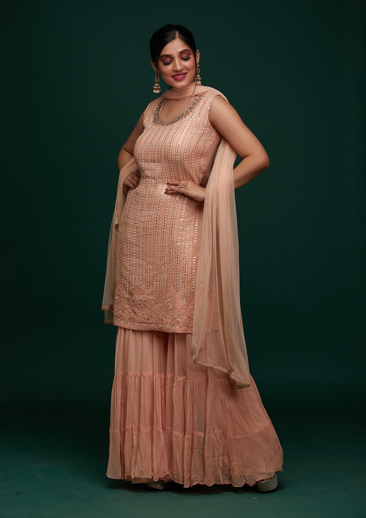 Peach Mirrorwork Georgette Designer Salwar Suit - Koskii