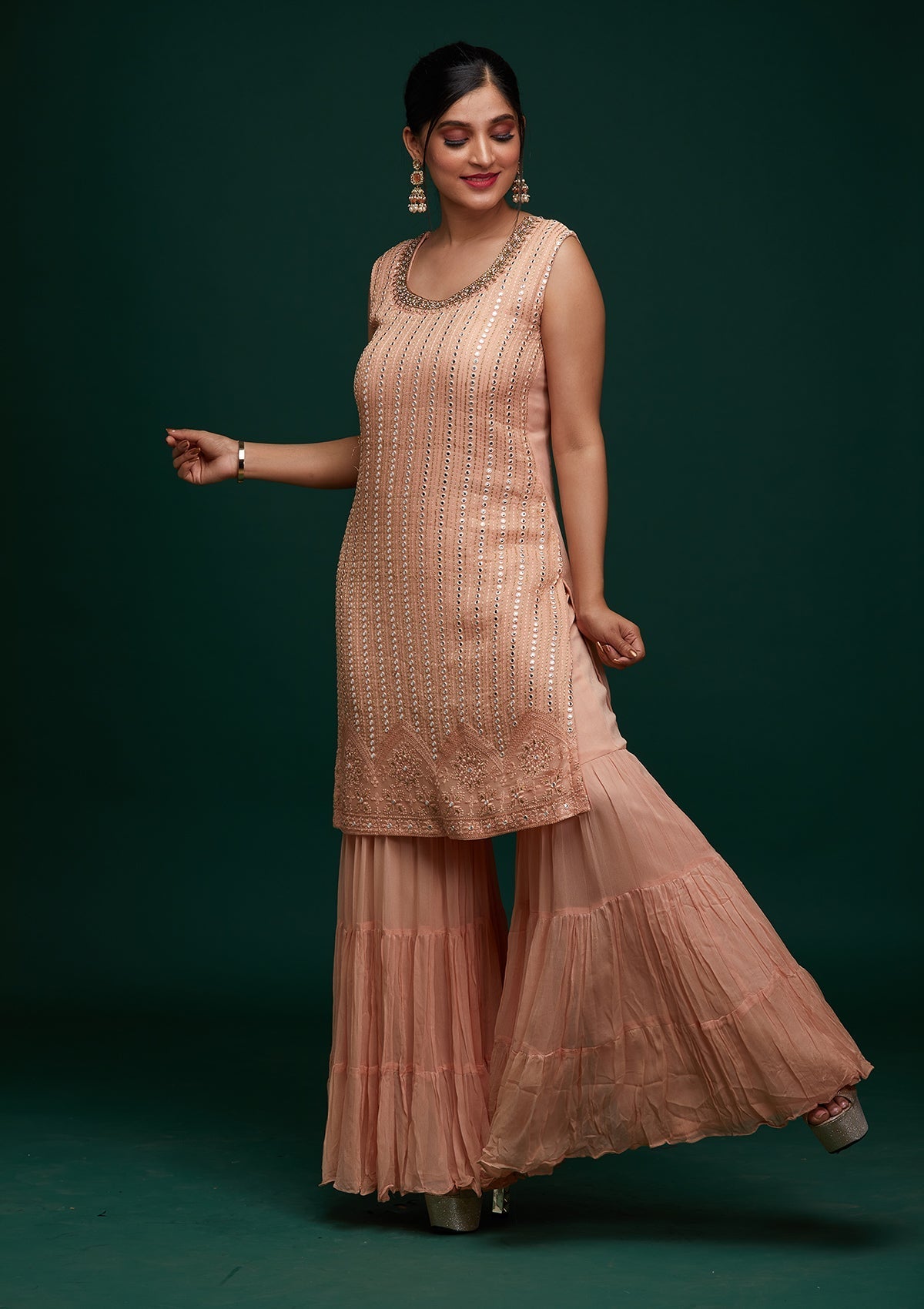 Peach Mirrorwork Georgette Designer Salwar Suit - Koskii