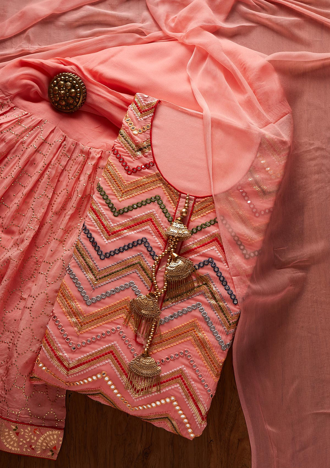Peach Mirrorwork Georgette Designer Semi-Stitched Salwar Suit - koskii