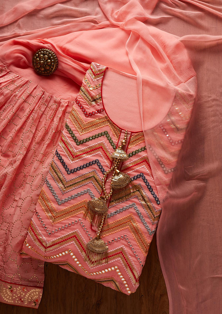 Peach Mirrorwork Georgette Designer Semi-Stitched Salwar Suit - koskii