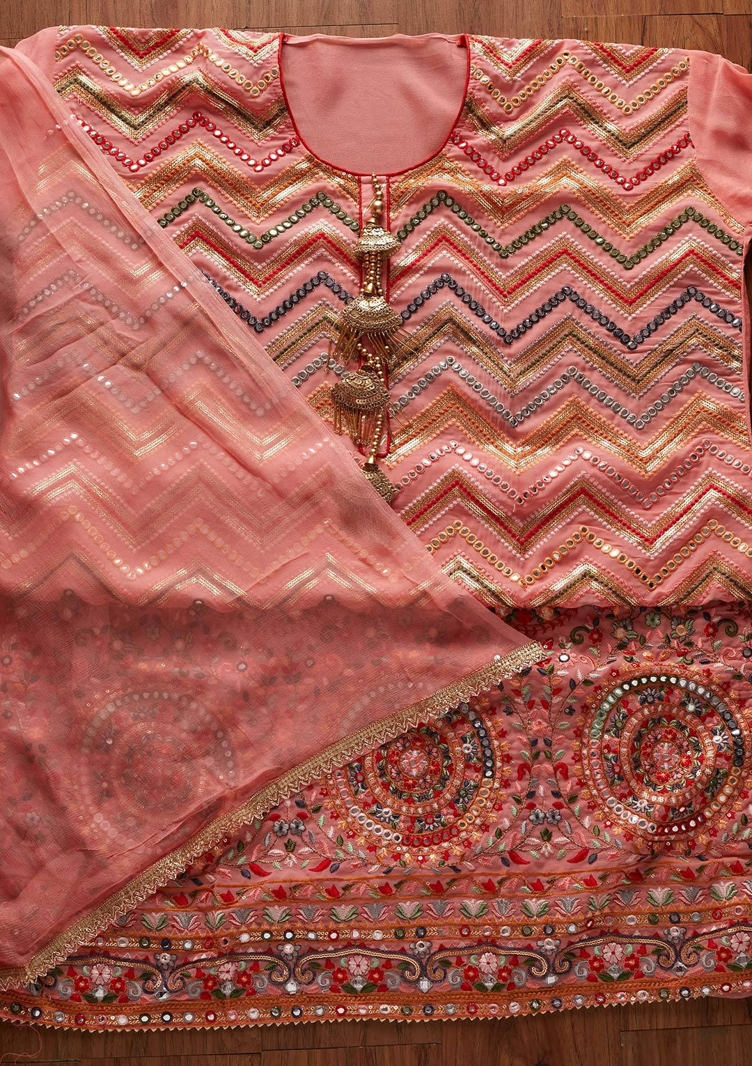 Peach Mirrorwork Georgette Designer Semi-Stitched Salwar Suit - koskii