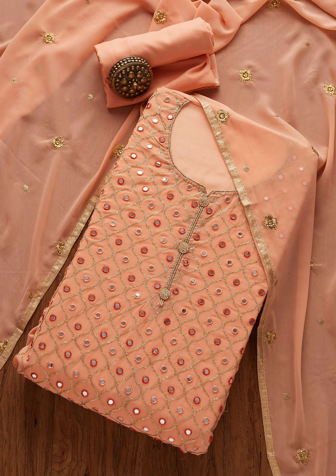 Peach Mirrorwork Georgette Designer Semi-Stitched Salwar Suit - Koskii