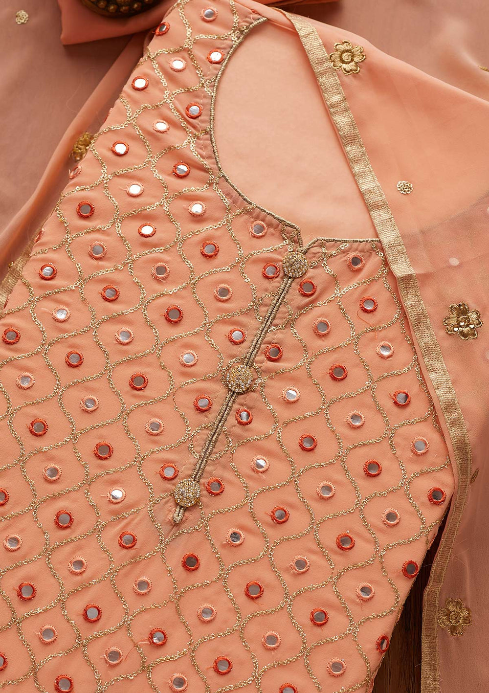 Peach Mirrorwork Georgette Designer Semi-Stitched Salwar Suit - Koskii