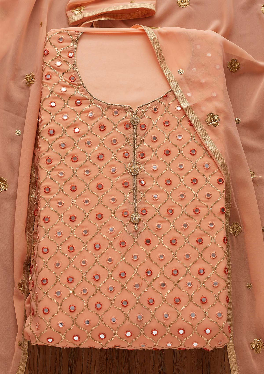 Peach Mirrorwork Georgette Designer Semi-Stitched Salwar Suit - Koskii