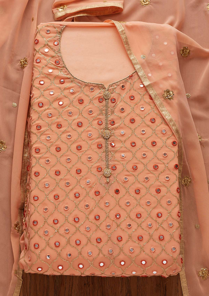 Peach Mirrorwork Georgette Designer Semi-Stitched Salwar Suit - Koskii