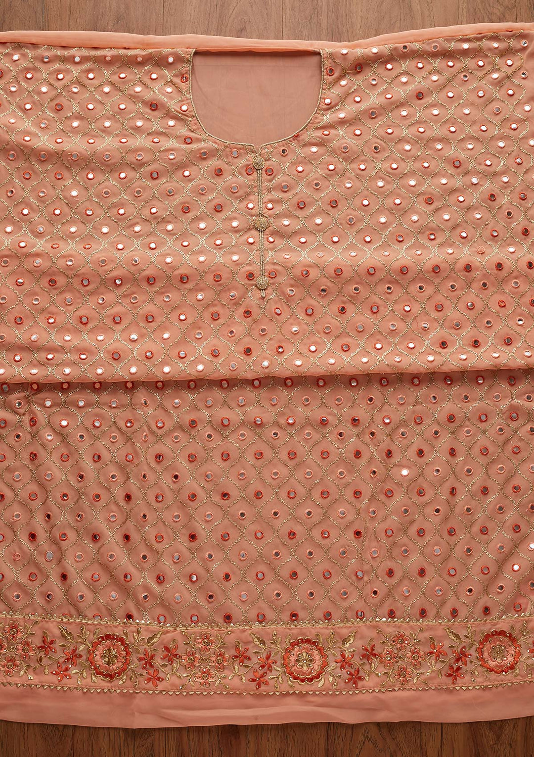 Peach Mirrorwork Georgette Designer Semi-Stitched Salwar Suit - Koskii