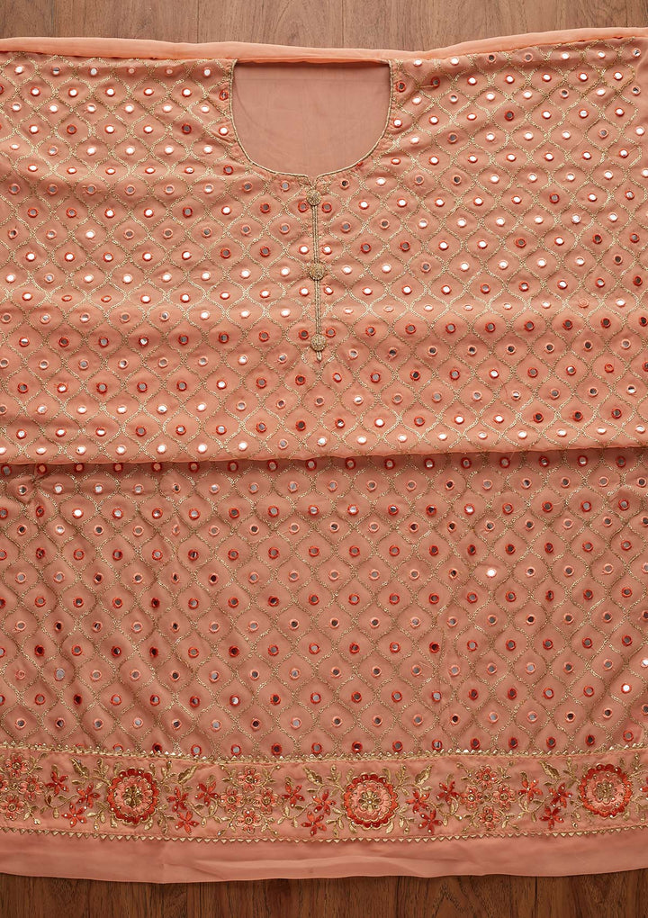 Peach Mirrorwork Georgette Designer Semi-Stitched Salwar Suit - Koskii