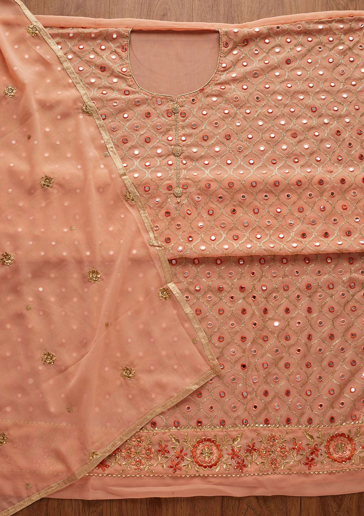 Peach Mirrorwork Georgette Designer Semi-Stitched Salwar Suit - Koskii