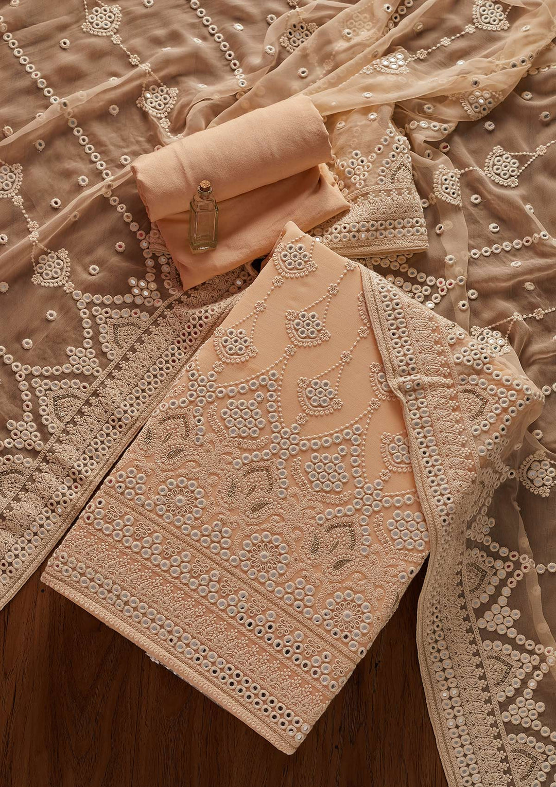 Peach Mirrorwork Georgette Designer Unstitched Salwar Suit - koskii