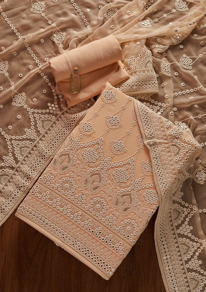 Peach Mirrorwork Georgette Designer Unstitched Salwar Suit - koskii