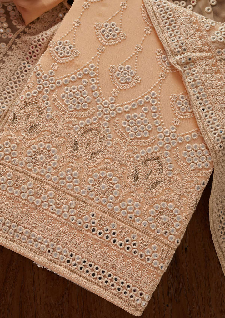 Peach Mirrorwork Georgette Designer Unstitched Salwar Suit - koskii