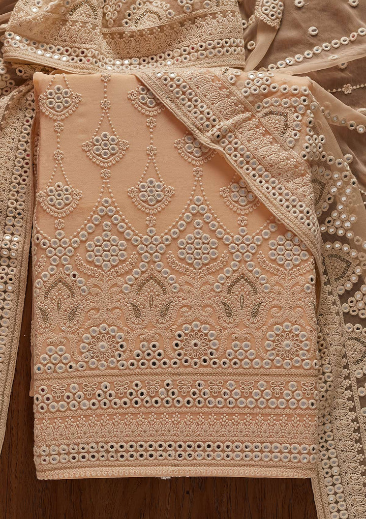 Peach Mirrorwork Georgette Designer Unstitched Salwar Suit - koskii