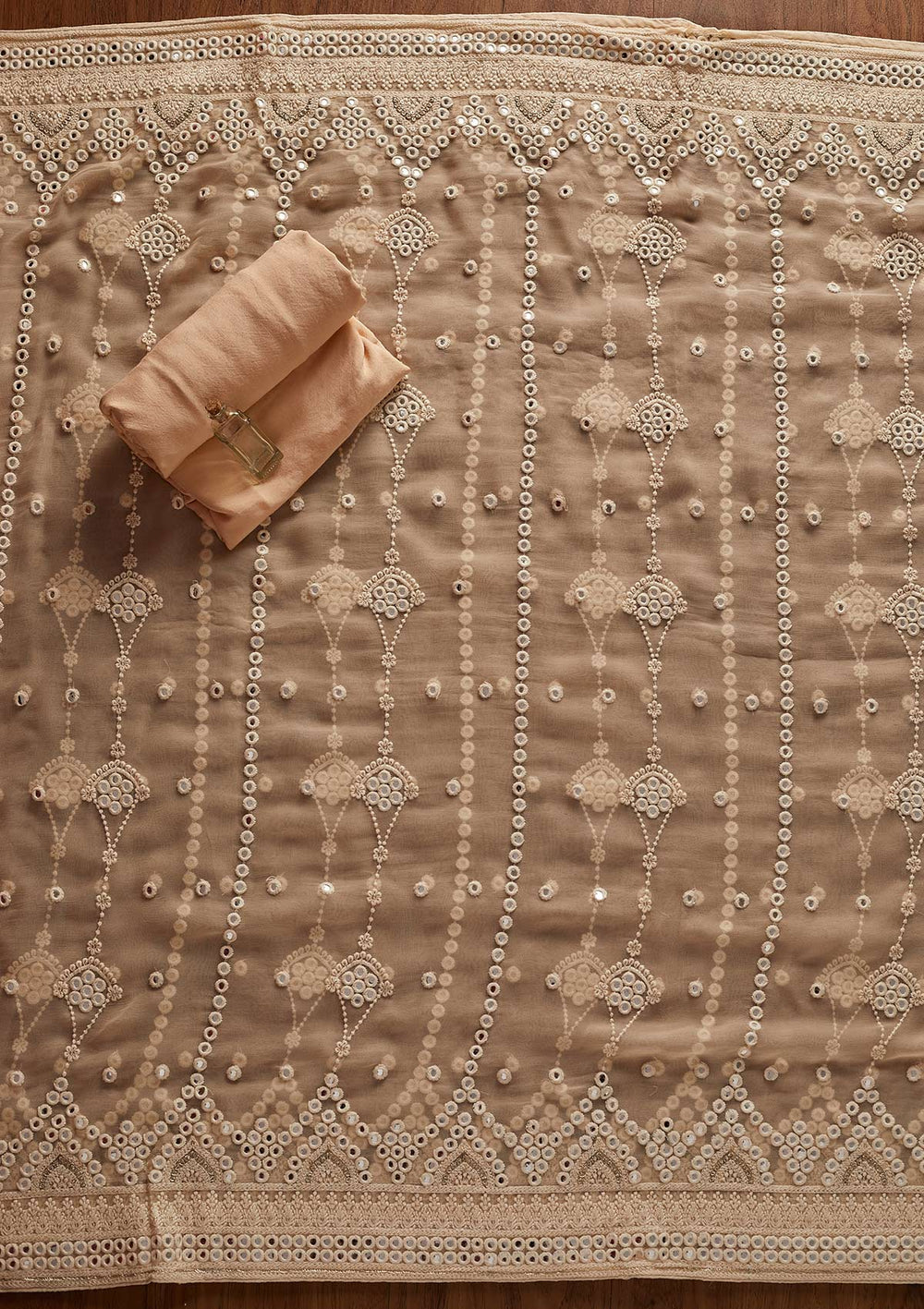 Peach Mirrorwork Georgette Designer Unstitched Salwar Suit - koskii