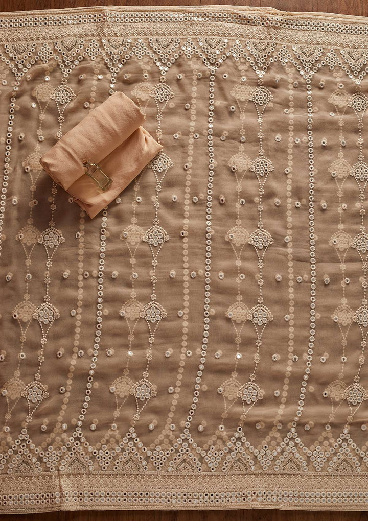 Peach Mirrorwork Georgette Designer Unstitched Salwar Suit - koskii