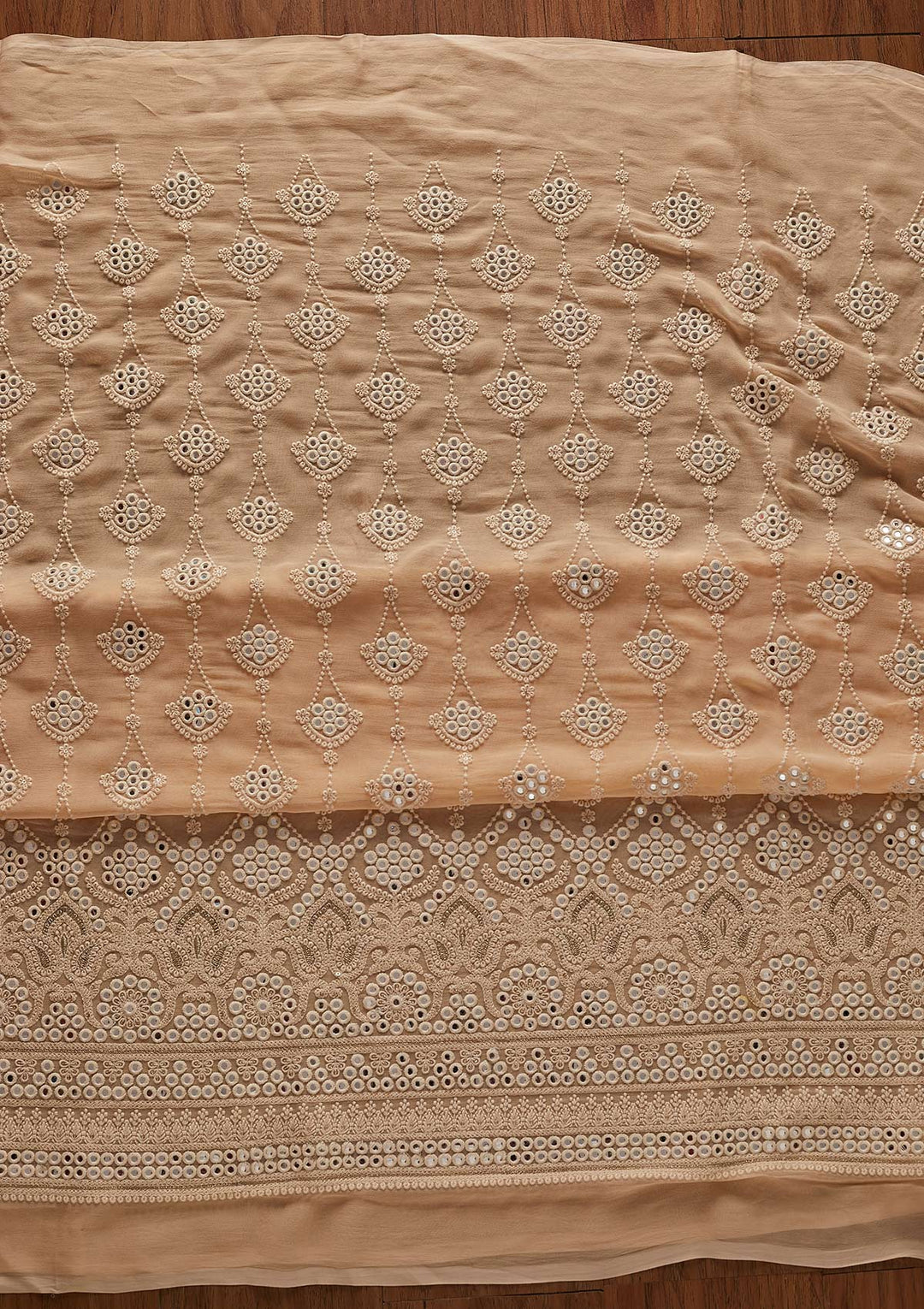 Peach Mirrorwork Georgette Designer Unstitched Salwar Suit - koskii