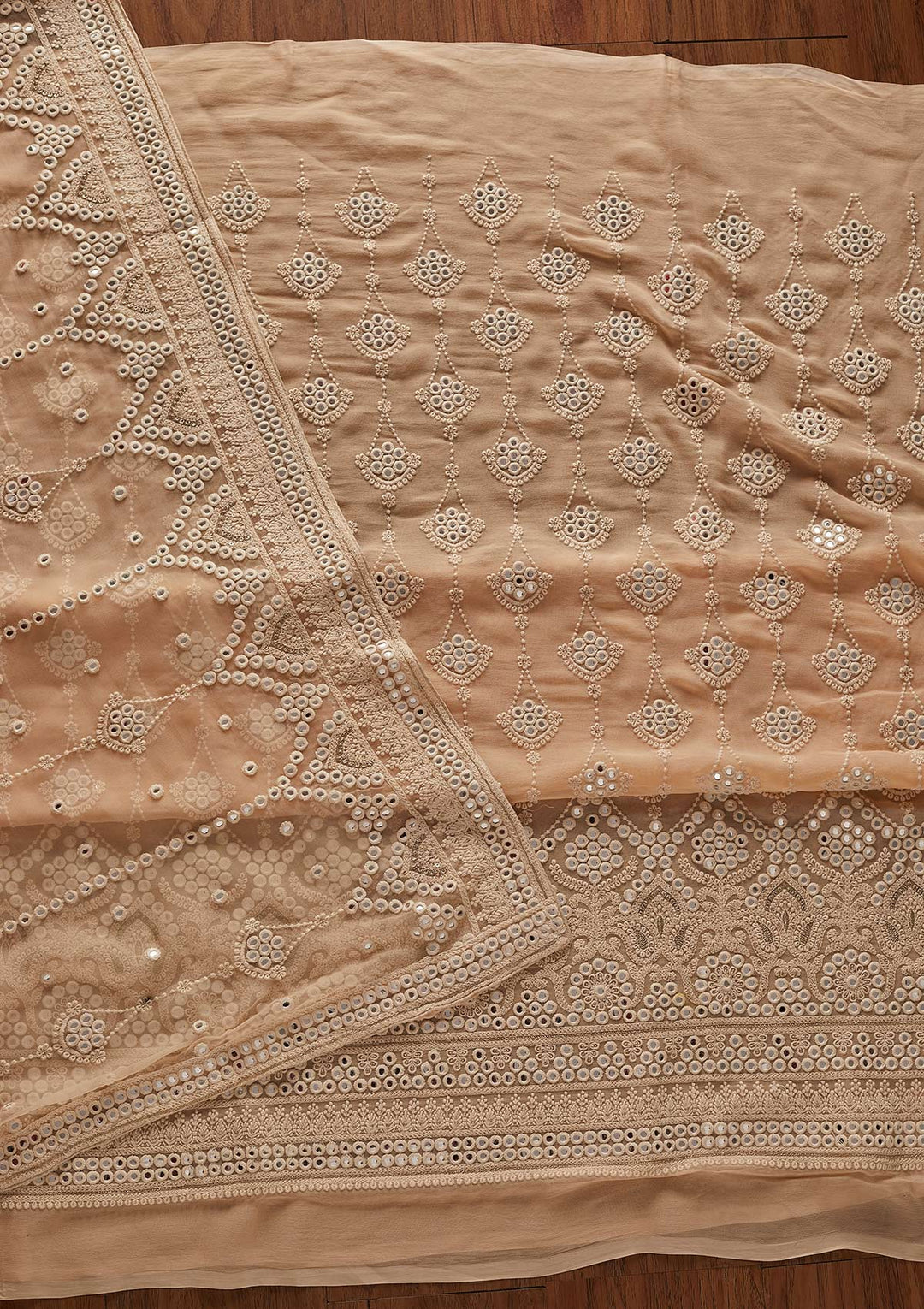 Peach Mirrorwork Georgette Designer Unstitched Salwar Suit - koskii