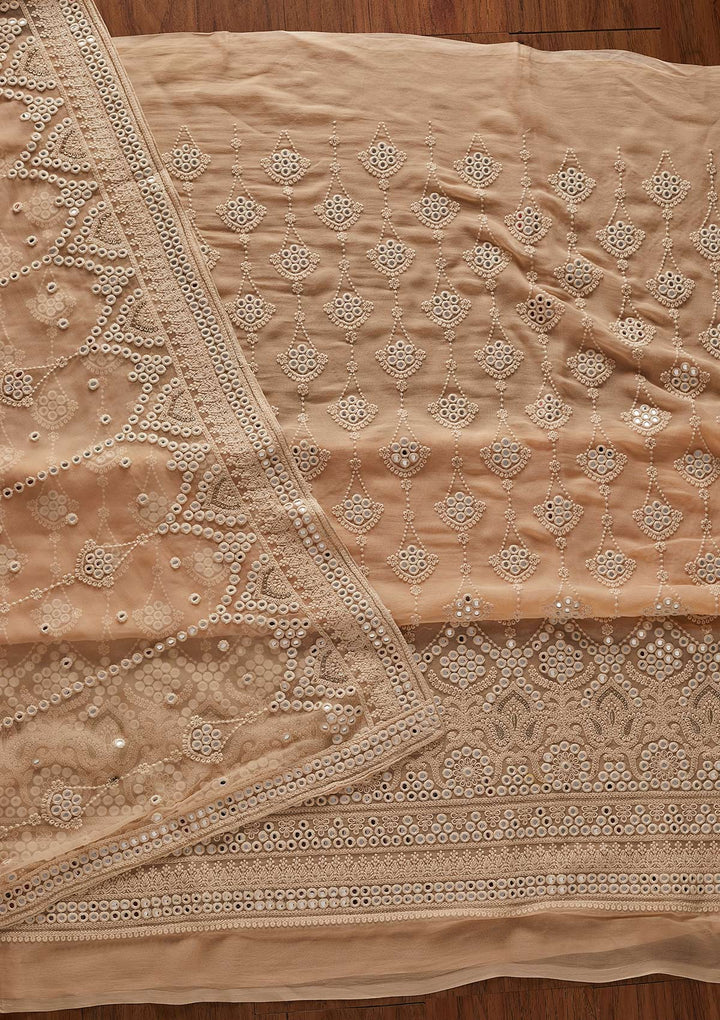 Peach Mirrorwork Georgette Designer Unstitched Salwar Suit - koskii