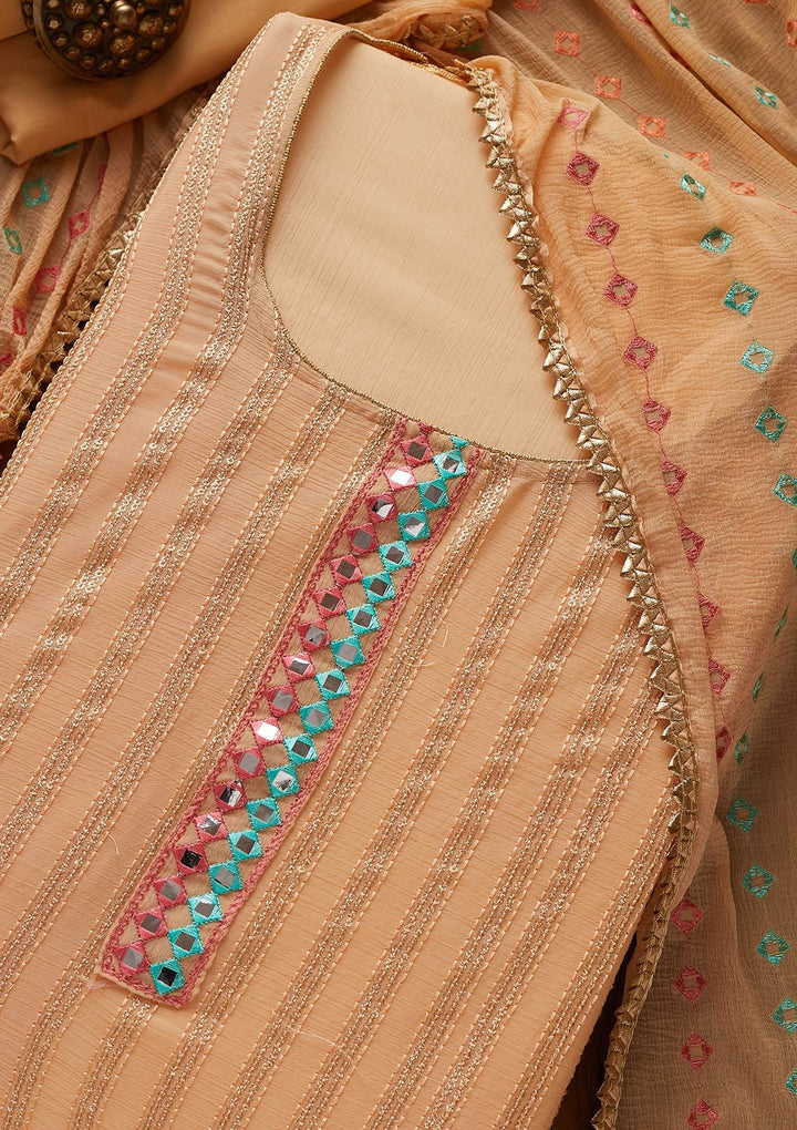 Peach Mirrorwork Georgette Designer Unstitched Salwar Suit - koskii