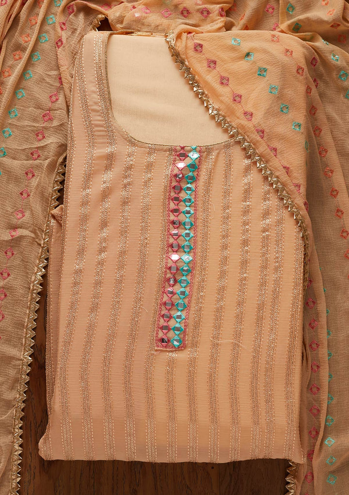 Peach Mirrorwork Georgette Designer Unstitched Salwar Suit - koskii