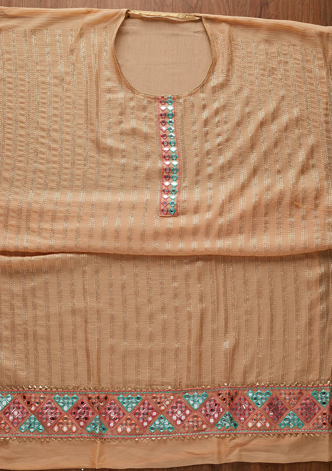 Peach Mirrorwork Georgette Designer Unstitched Salwar Suit - koskii