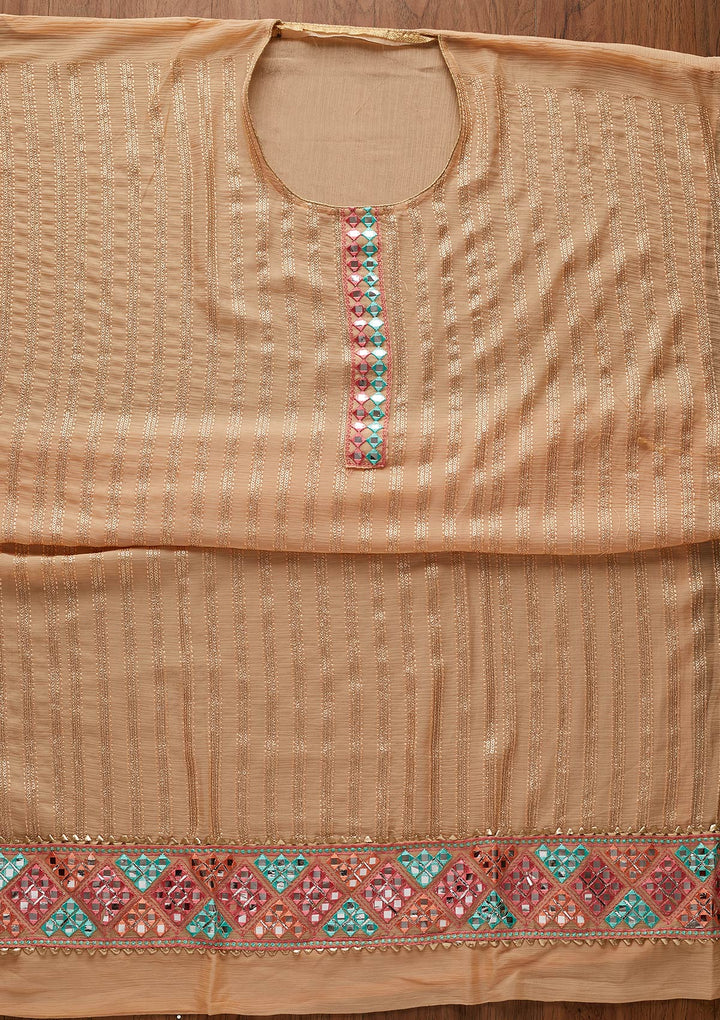 Peach Mirrorwork Georgette Designer Unstitched Salwar Suit - koskii