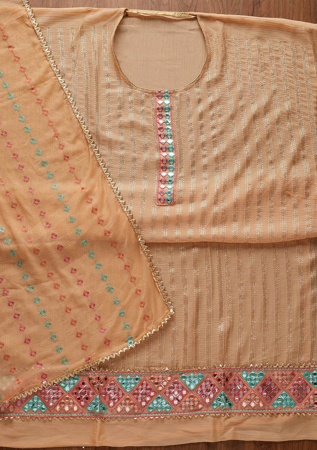 Peach Mirrorwork Georgette Designer Unstitched Salwar Suit - koskii