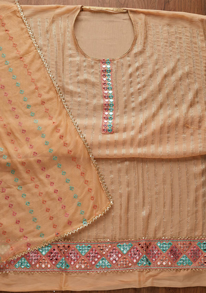Peach Mirrorwork Georgette Designer Unstitched Salwar Suit - koskii